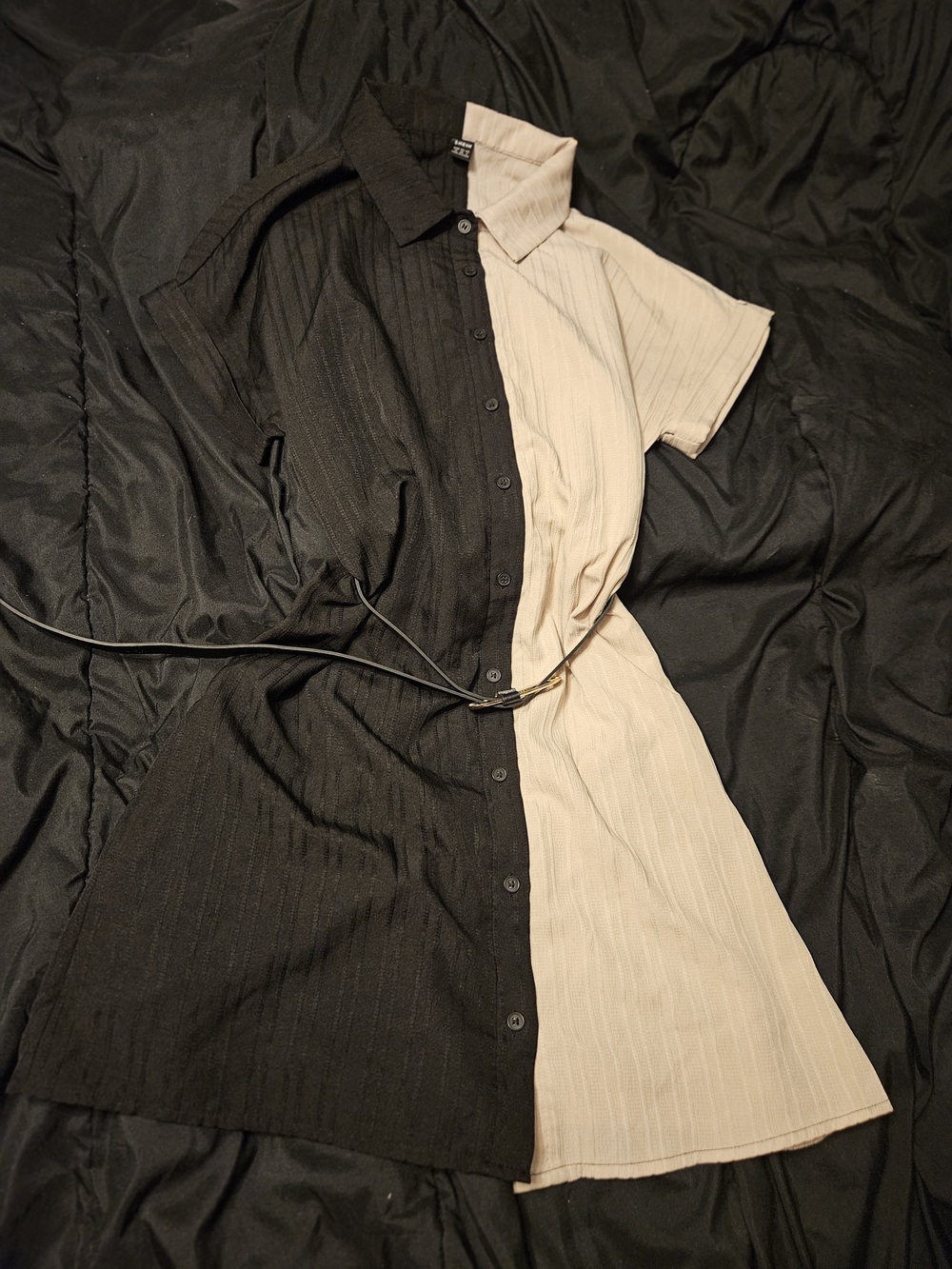SHEIN Two-Tone Black and Cream Short Sleeve Button-Down Shirt